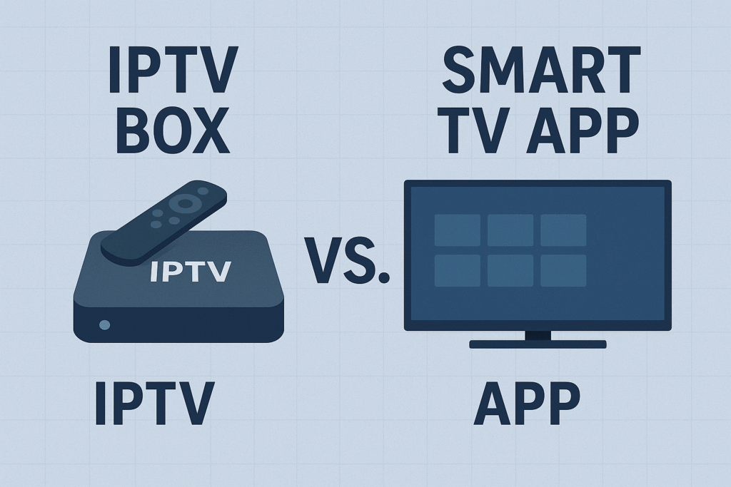 A comparison image showing an IPTV box vs a smart TV app setup.