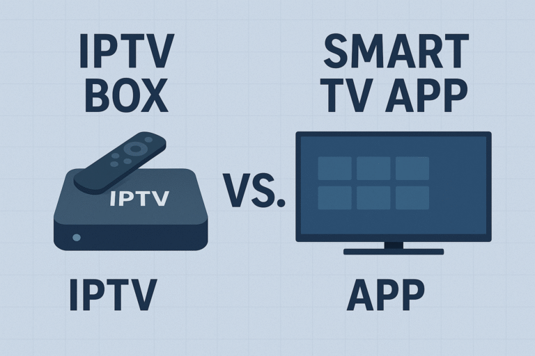 A comparison image showing an IPTV box vs a smart TV app setup.