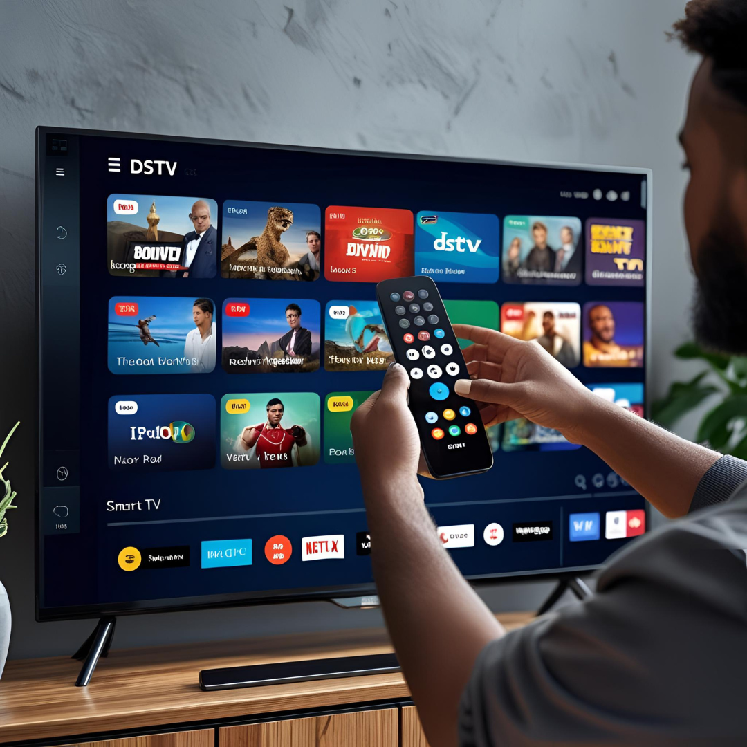 A user navigates an IPTV DStv channel list on a modern smart TV in South Africa