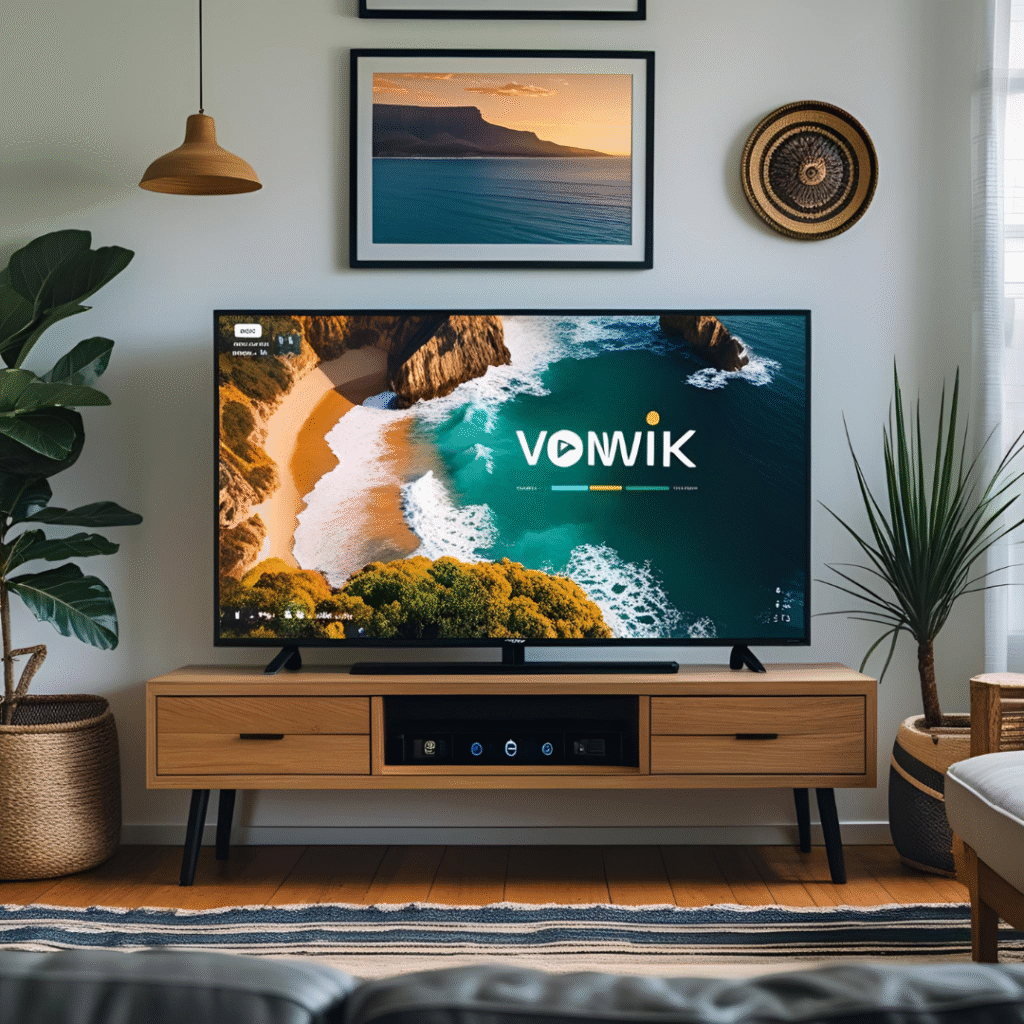 A Vonwik TV showing the home screen in a South African living room