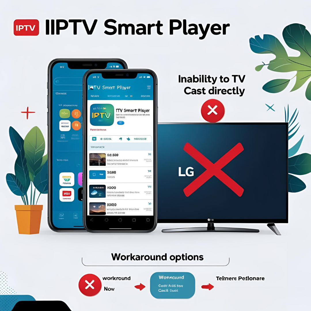 A diagram showing that the IPTV Smart Player app cannot cast directly to an LG TV without a workaround