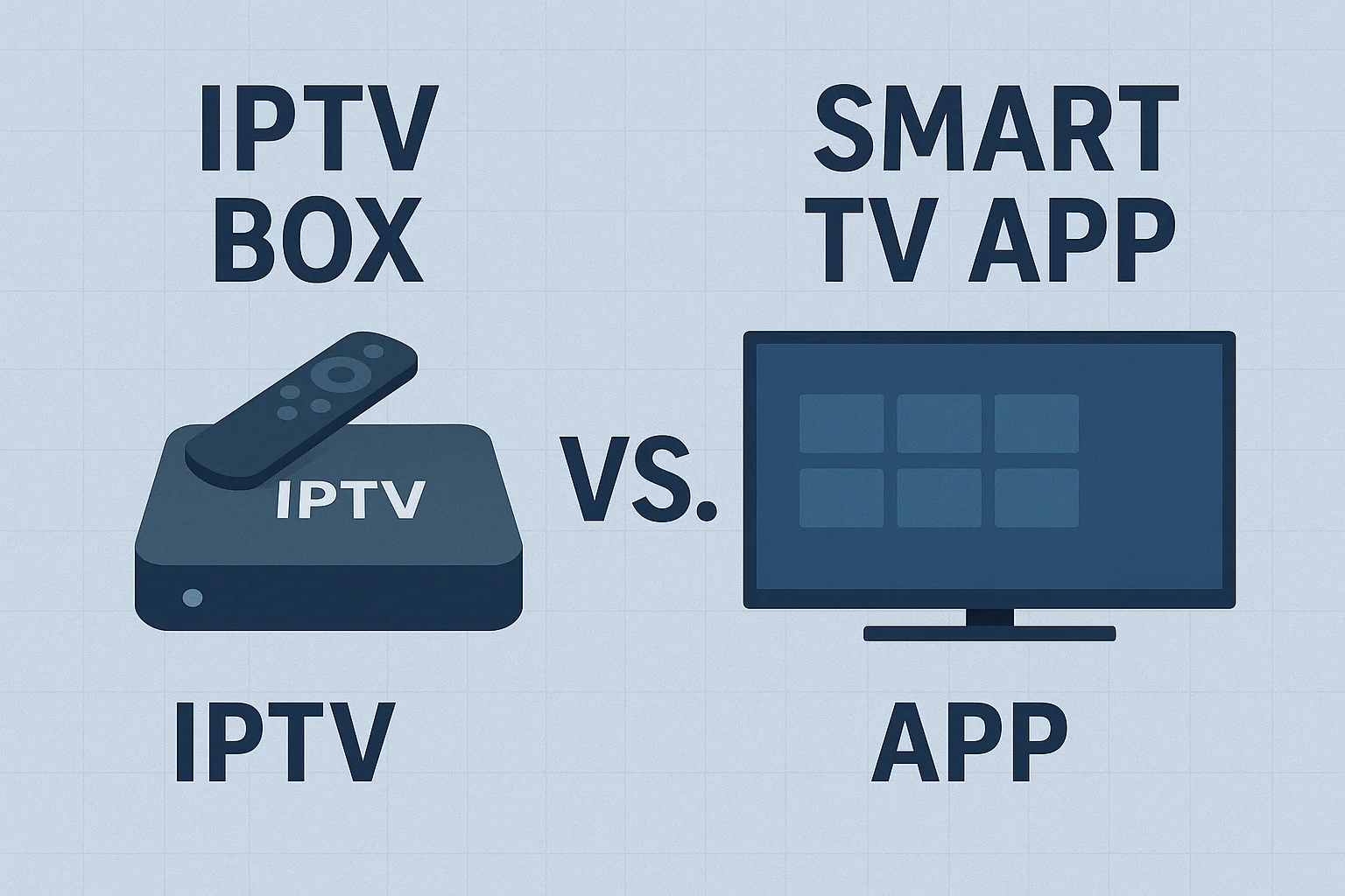 A comparison image showing an IPTV box vs a smart TV app setup.